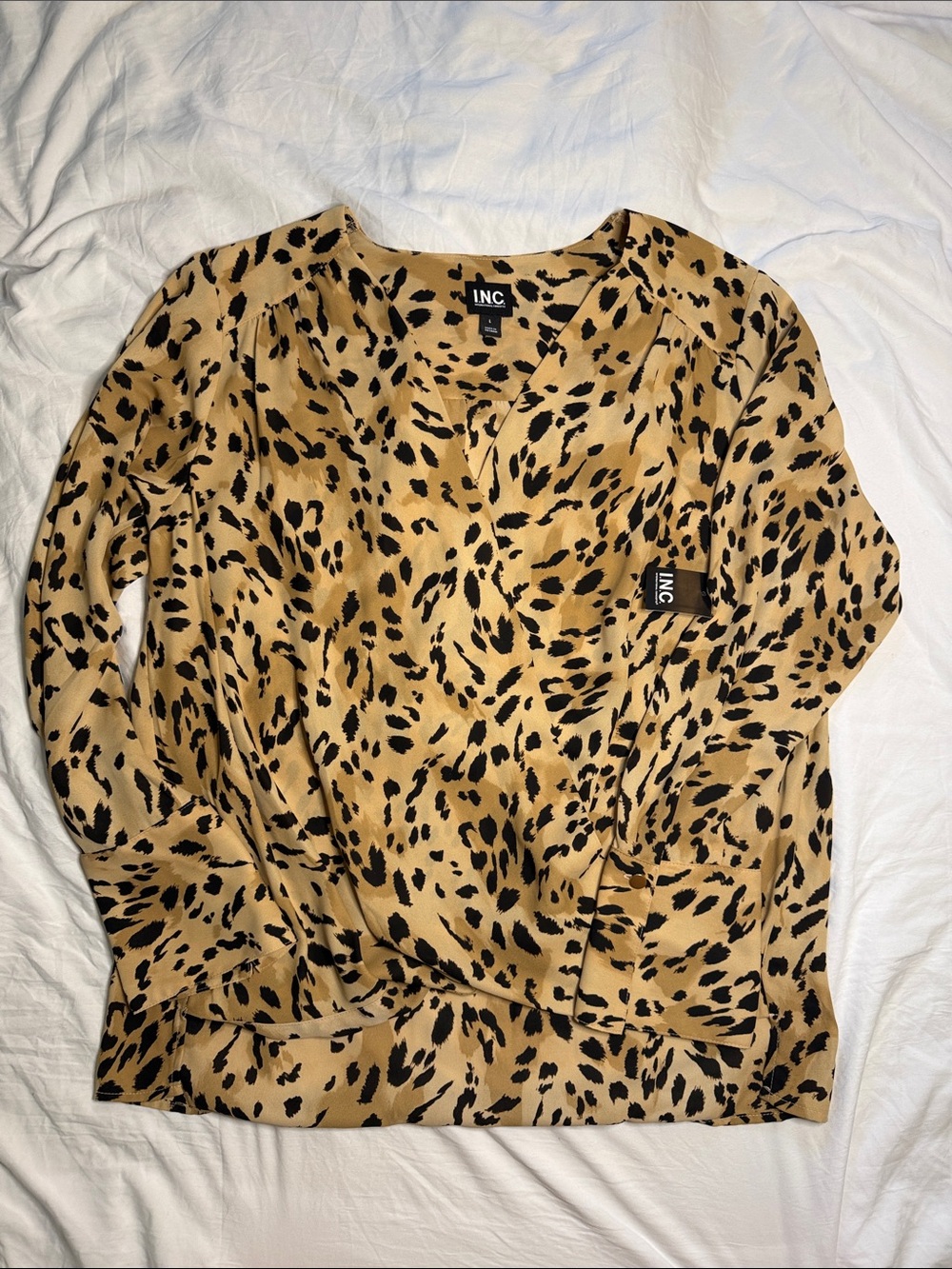 INC International Concepts Black and Tan Leopard Print V-Neck Blouse